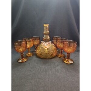 🤎Vntg Indiana Tiara Amber Glass Decanter W/6 Goblets Repurposed Into Waterbong
